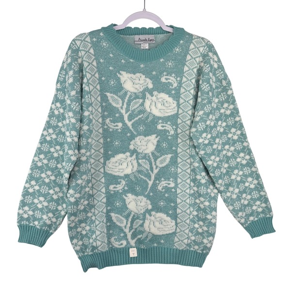 Private Eyes Sweaters - Vintage Private Eyes Teal Floral Rose Knit Sweater Metallic Lurex Crew Neck USA